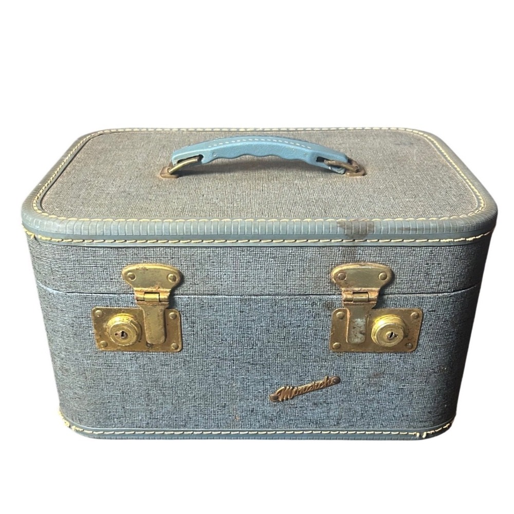 Vintage Monarch Train Case Blue Mid Century Brass Latches Mirror Antique Luggage